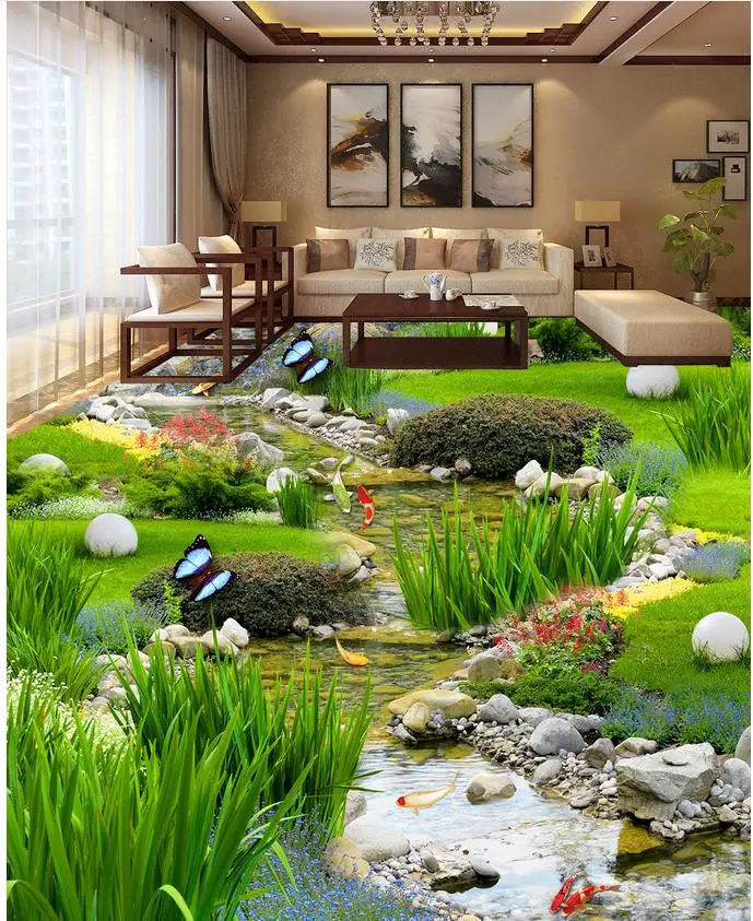 

3D stereoscopic wallpaper floor 3D floor garden grass water PVC waterproof floor Home Decoration