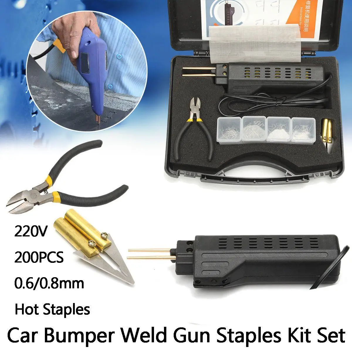 Free shipping 220-250V Hot Stapler Car Bumper Plastic Welding Torch Fairing Auto Body Too Welder Machine 0.6/0.8mm + 200 Staples