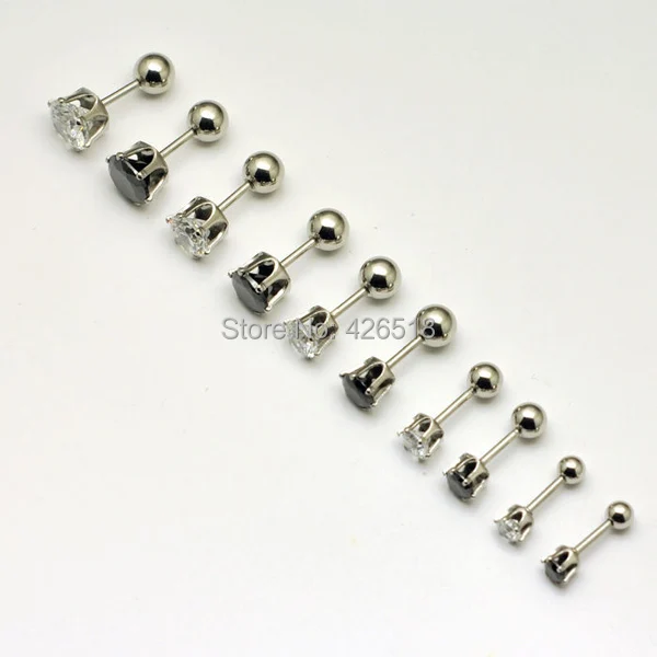 2PCS 4 5 6 7 8mm Diameter Clear Black Zircon Crystal Stainless Steel Men Women Screw Back (pierced) Stud Earrings