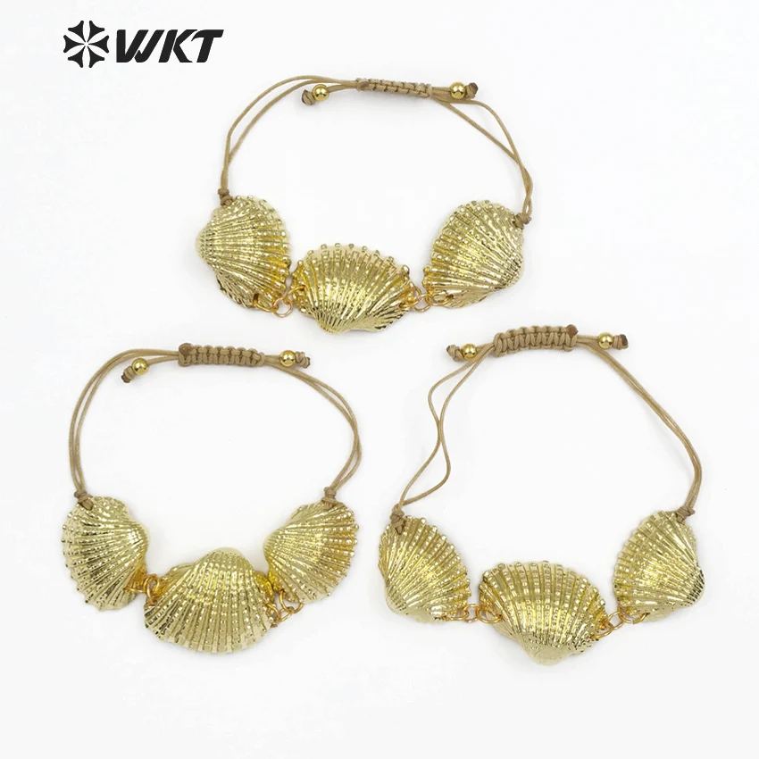 WT-B441 Full Gold Dipped Natural White Scallop Shell Boho Jewelry Finding With Adjustable Tie Women Fashion Bracelet