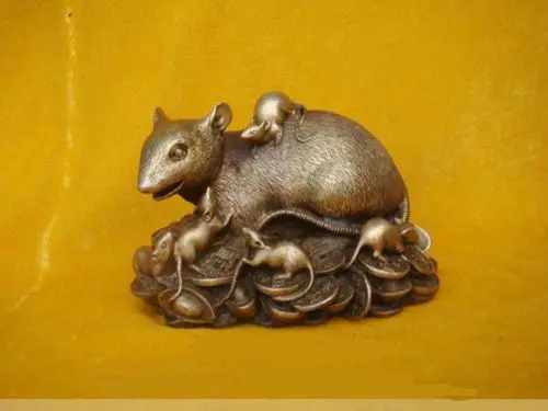 

Exquisite Chinese Brass Statue Figurine Rat Mouse 4.8"Wide