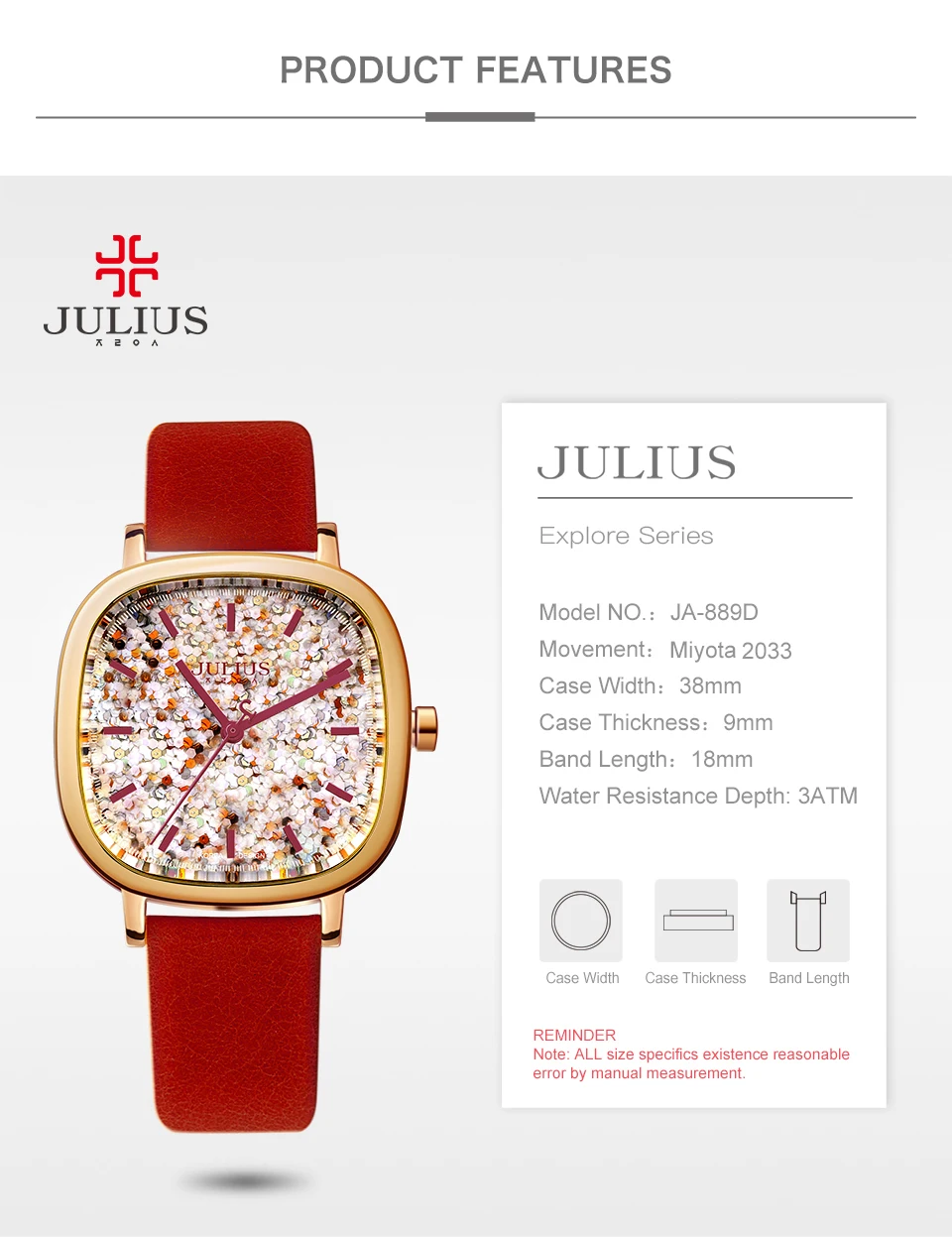 JULIUS Women Watch Luxury Brand With Logo Square Teenage Girls Watches Leather Strap Korean Designer wristwatch Jewelry JA-889