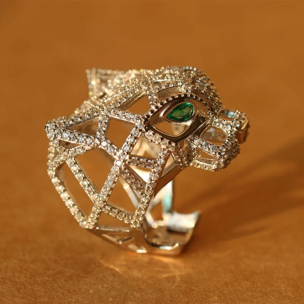 Silver Panther Ring For Women men 925 Sterling Silver Green Eyes Leopard finger Cubic Zirconia Ringen Party Jewelry Fine Jewelry