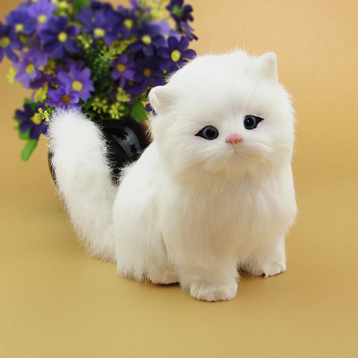 18x13 cm simulation squatting cat model,plastic& fur handicraft,miaow pure white cat ,home decoration Xmas gift w5843