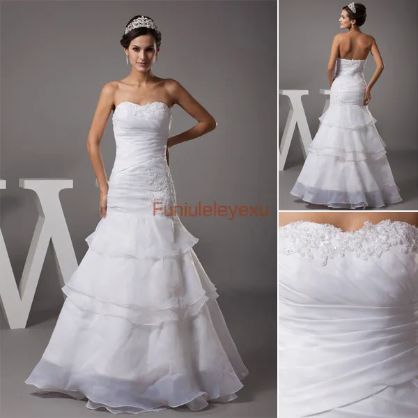 Sexy uma linha sem alças sem mangas camadas organza até o chão applique formal vestido de noiva vestidos de casamento frete grátis