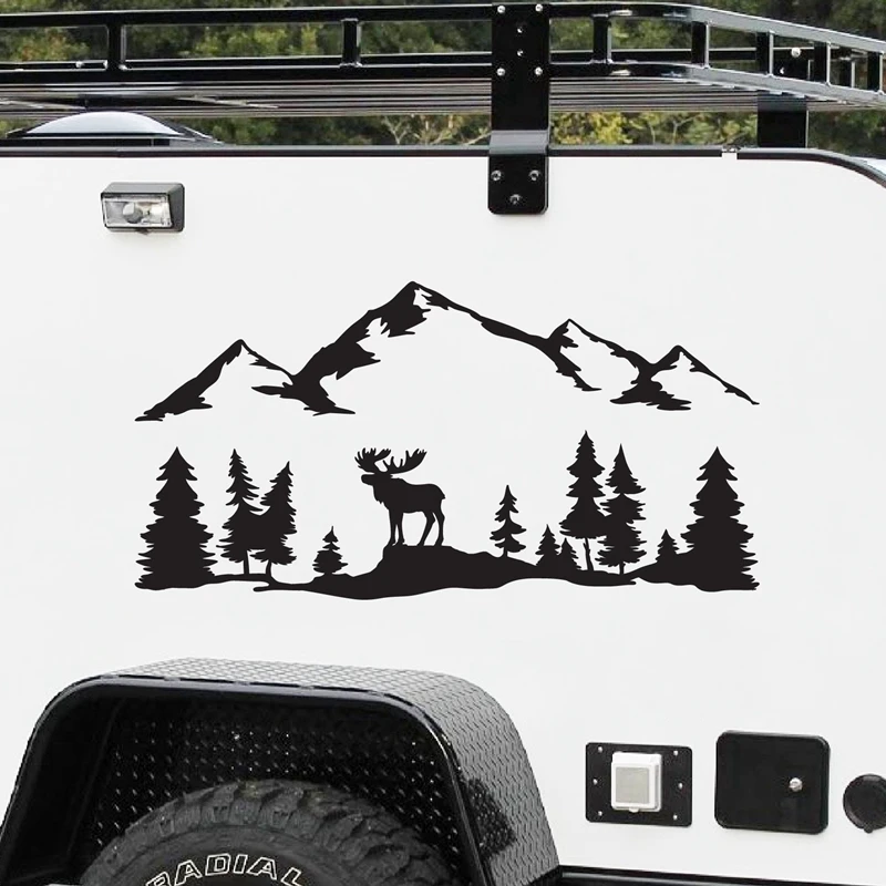 Dla SUV RV Camper Offroad Moose Trees Forest Mountain Silhouette Vinyl Art Sticker Car Decor Outdoor Hiking Decals Decoration