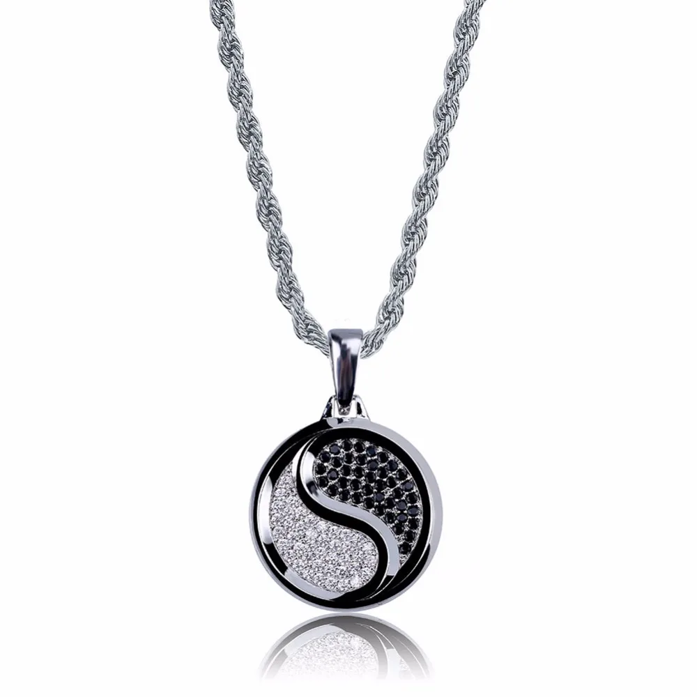 Yin Yang Tai Chi Pendants Necklaces for Men Gold Color Round Copper Paved CZ Crystal Ice Out Hip Hop Rapper Jewelry