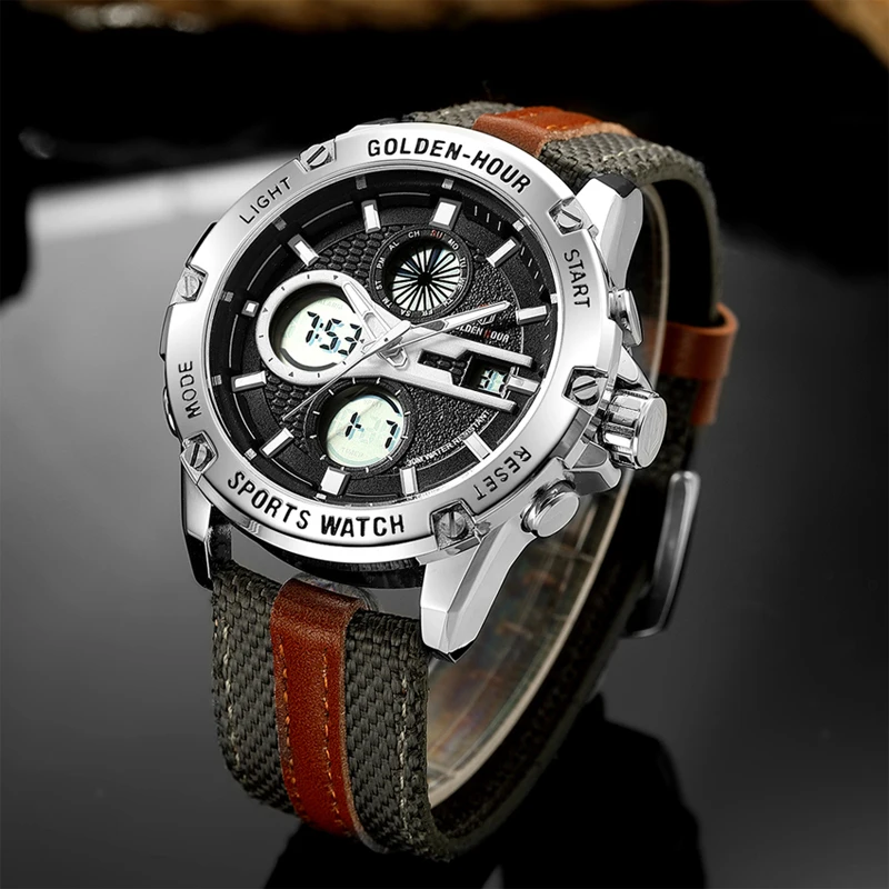 GOLDENHOUR Men Fashion Army Military Watch Mens Dual Display Waterproof Quartz Wristwatches Luminous Hands Sport Clock Relogio