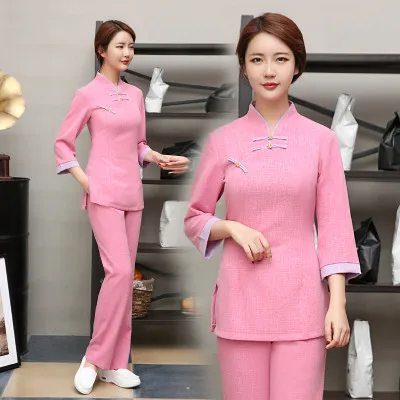 

Health Club Work Clothing Female Teahouse Waitress Clothes Beauty Salon SPA Uniform 2piece Set Embroider DIY Logo Uniforms