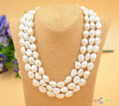 natural pearl jewelry lustre 3row 13mm WHITE BAROQUE freshwater cultured pearl necklace Bridal  hookCZ Luxury Ms. girl