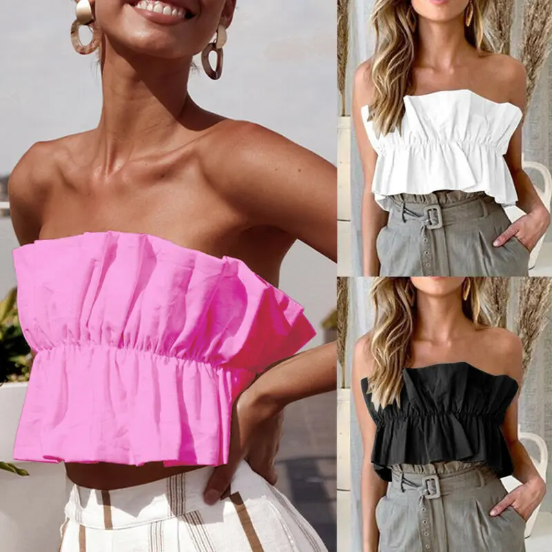 2019 New Fashion Women Summer Sleeveless Solid Color Sexy Fashion Hot Sell Confortable Crop Tank Tops Solid Ruffle Beach Tops