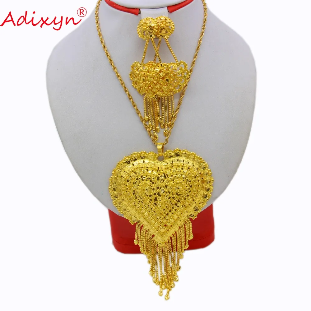 Adixyn Gold Color Heart Necklace/Pendant/Earrings India Jewelry Set  Luxury Arab African Wedding Party Gifts Free Box N12173