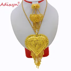 Adixyn Gold Color Heart Necklace/Pendant/Earrings India Jewelry Set  Luxury Arab African Wedding Party Gifts Free Box N12173