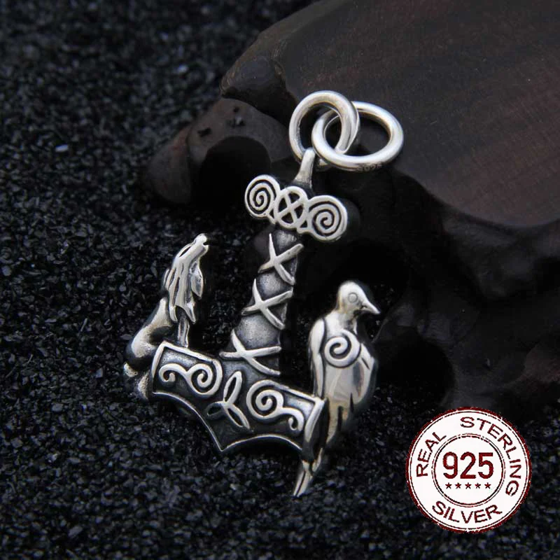 

925 Sterling Silver Viking wolf and raven thor's hammer pendant necklace with real leather and keel chain