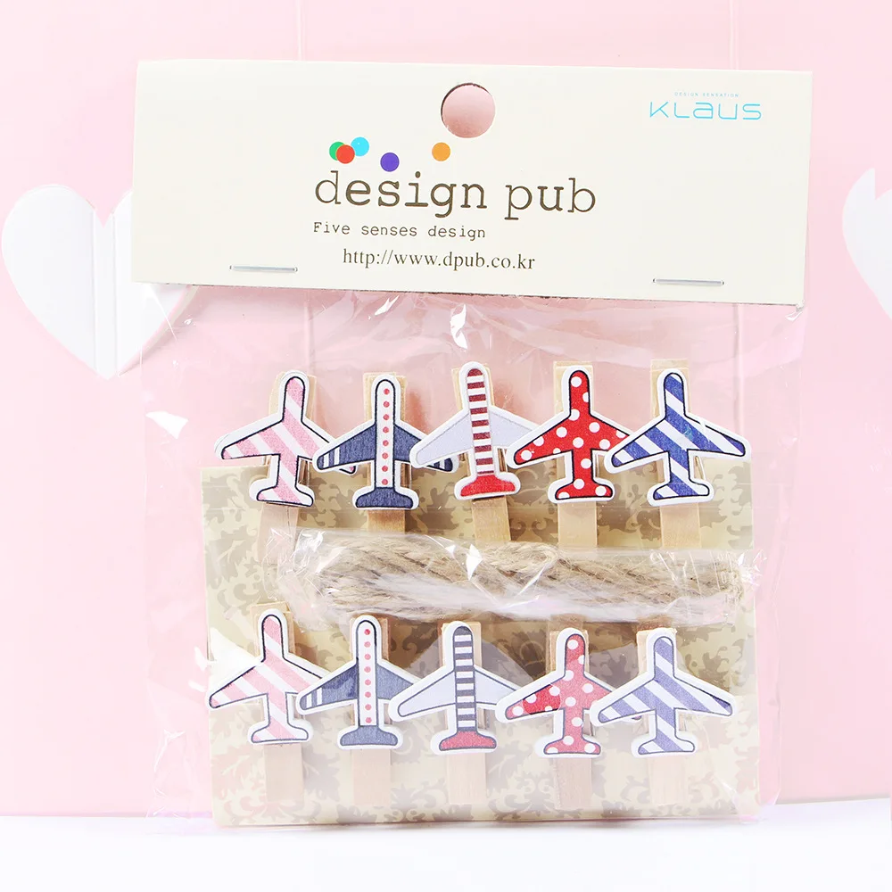 10 pcs/lot Cute Cartoon Airplane Wooden Clip Photo paper Clothespin Craft Clips Party Decoration Clip with Hemp Rope