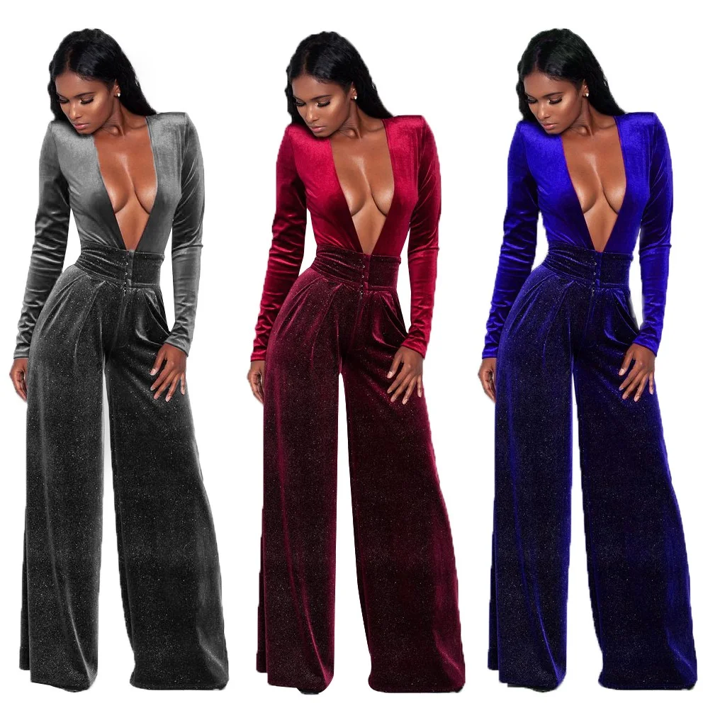 2019 Mode Effen kleur Vrouwen Jumpsuit Sexy Diepe V-hals Plus size Kleding