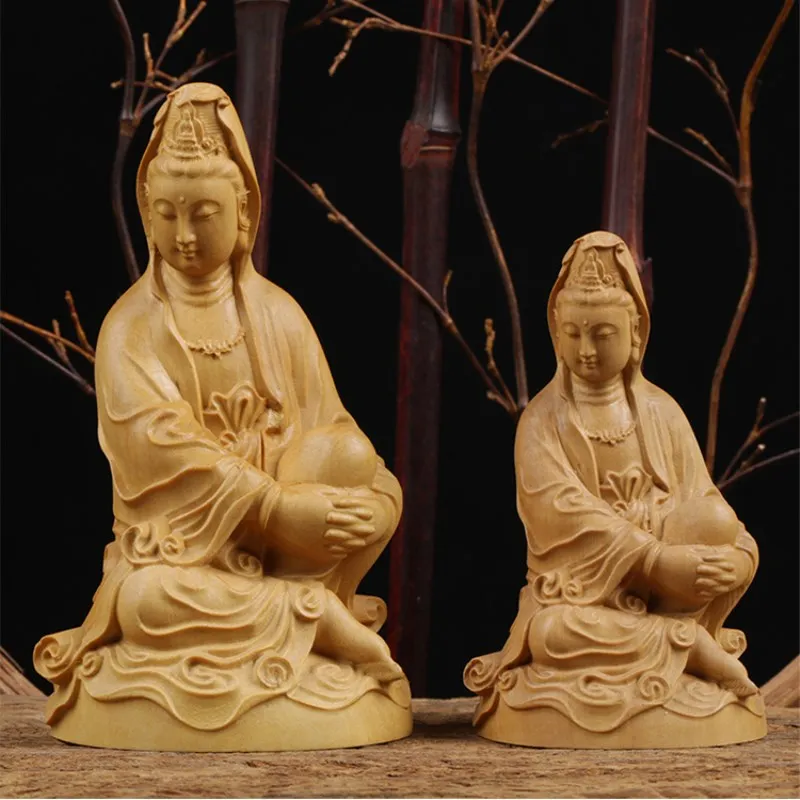 

Wooden Crafts Boutique Decoration Buxus Wooden Buddha Guanyin Bodhisattva Comfortable Buddhist Home Putting Decoration