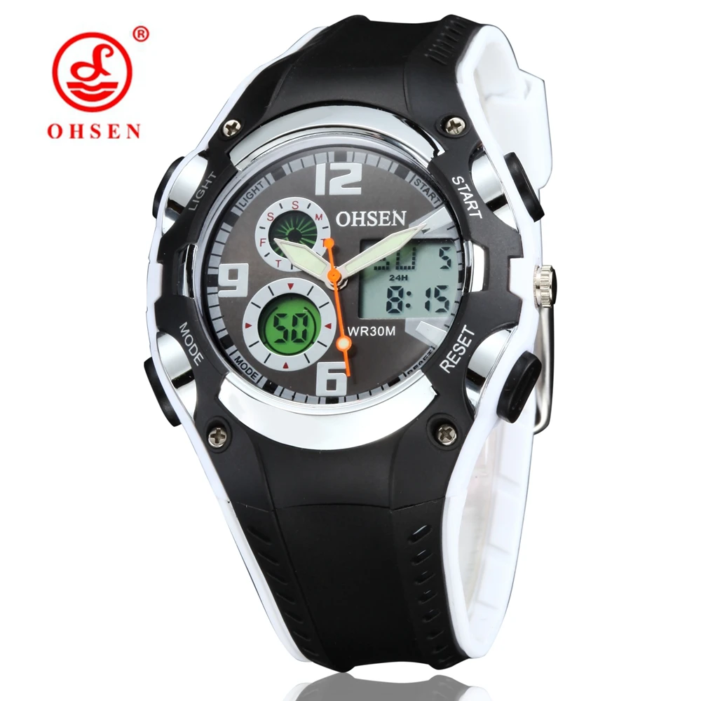 OHSEN Brand Digital Quartz Sports Watches Wristwatches Boys Childrens Waterproof Silicone Band Fashion White Military Male Watch