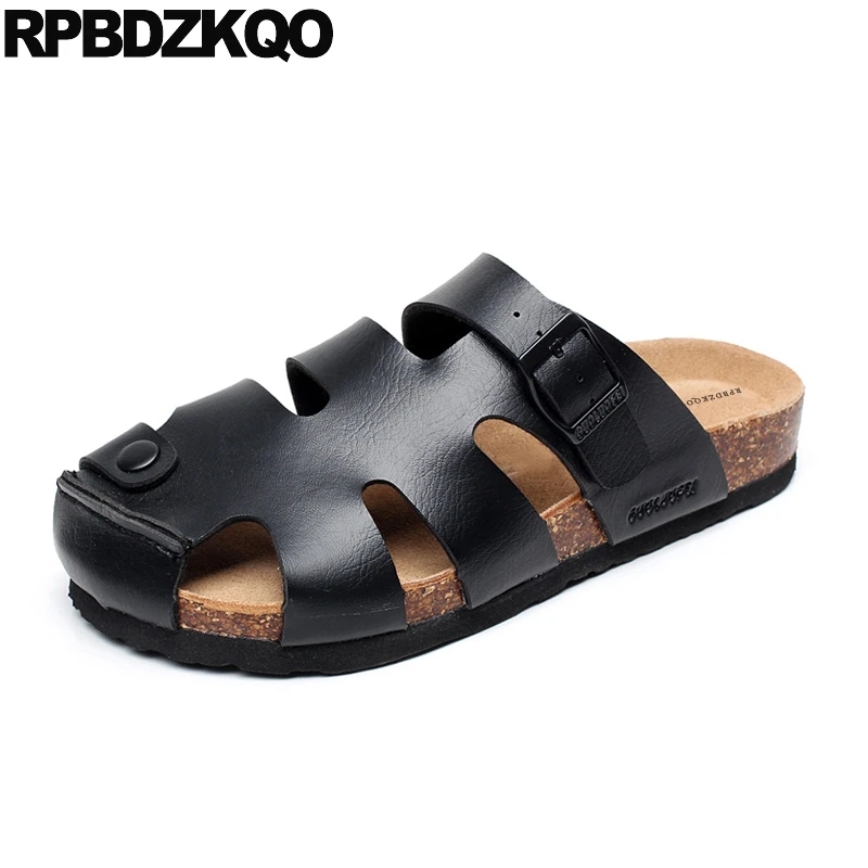 

Slippers Size 45 Shoes Closed Toe Beach Black Strap Cork Slides Large Platform Men Sandals Leather Summer Fashion Water Mules