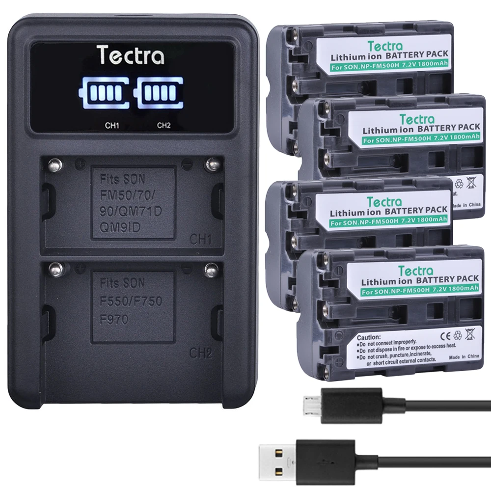 Tectra 4Pcs NP-FM500H Li-ion battery + LED Display Universal USB Dual Charger for Sony SONY A57 A65 A77 A450 A560 A580 A900 A58