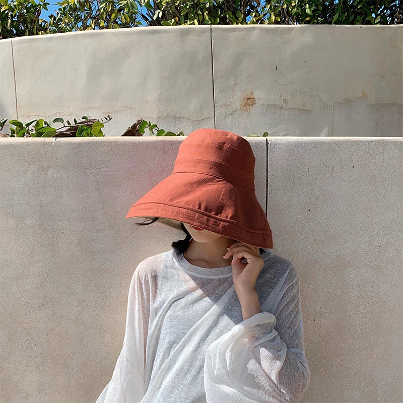 Reversible Foldable Cotton Sun Hat for Women Summer Wide Brim UV Protection Panama Beach Hat Ladies Girls Outdoor Korean Sea hat