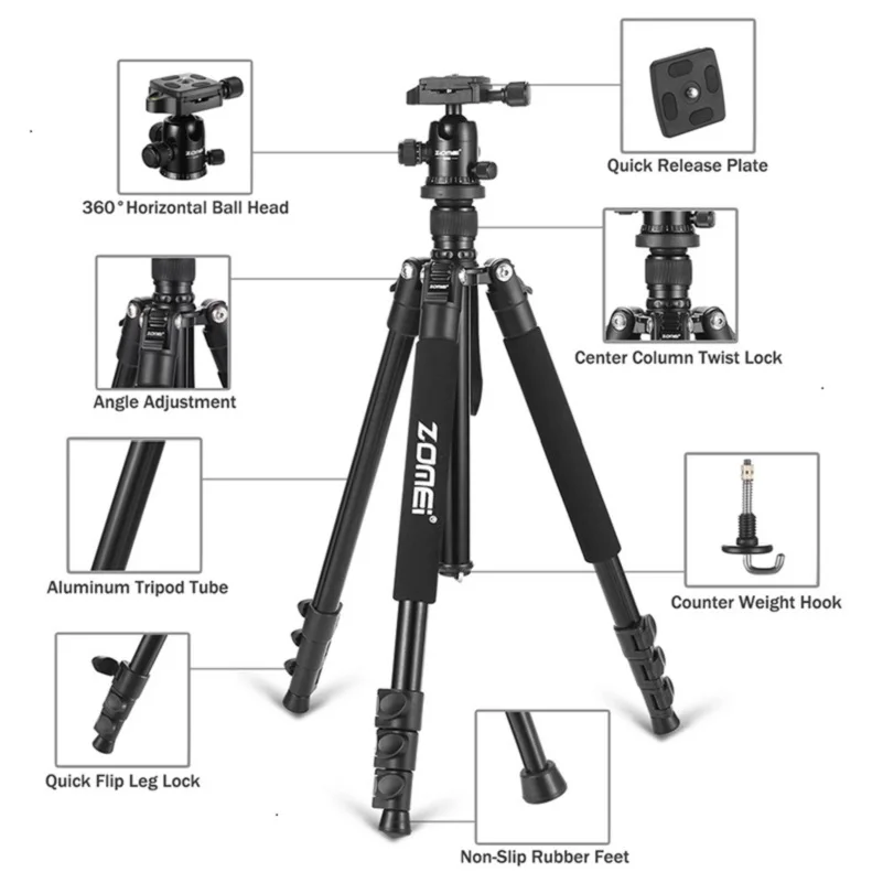 Zomei Q555 Professional Aluminum Flexible Camera Tripod Stand  for DSLR cameras Portable Tripods 360 Degree Rotating