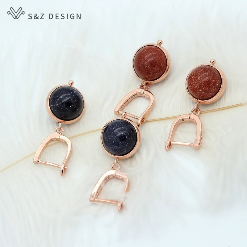 S&Z DESIGN New Trendy Zircon Natural Golden Sand Stone Drop Earrings For Women Fine 585 Rose Gold Color Fashion Jewelry