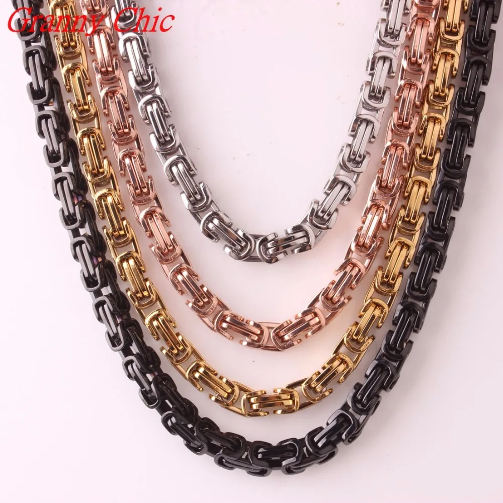 Granny Chic 4/5/8mm Rose Gold Silver Black color Tone box Byzantine Necklace Mens Stainless Steel Chain Wholesale Price