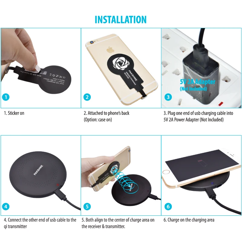 Universal Qi Wireless Charger Charging Kit Transmitter Receiver Adapter Bundle 5W for iPhone Lightning Android Phones