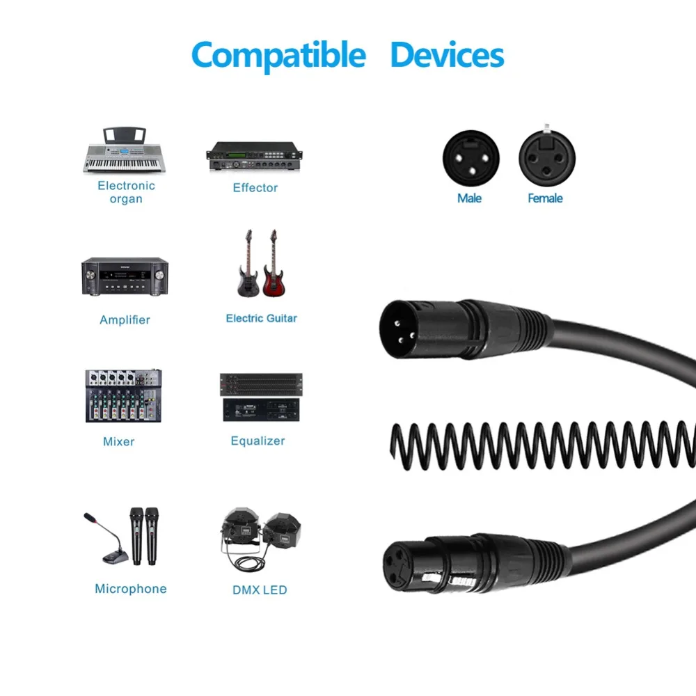 Bochara Elastic Coiled XLR Cable Male to Female 3Pin jack OFC Copper Dual Shielded  For Mic Mixer