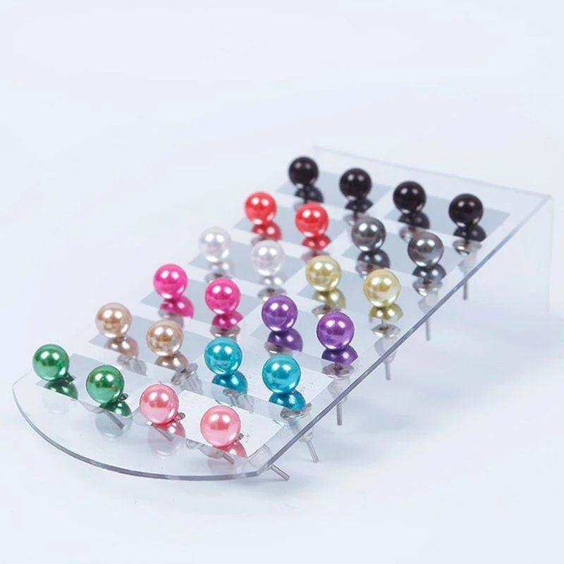 12Pair/Set Colorful 6mm Pearl Earring With Display Stand For Women Jewelry Bijoux Brincos Pendientes Mujer Fashion Stud Earrings