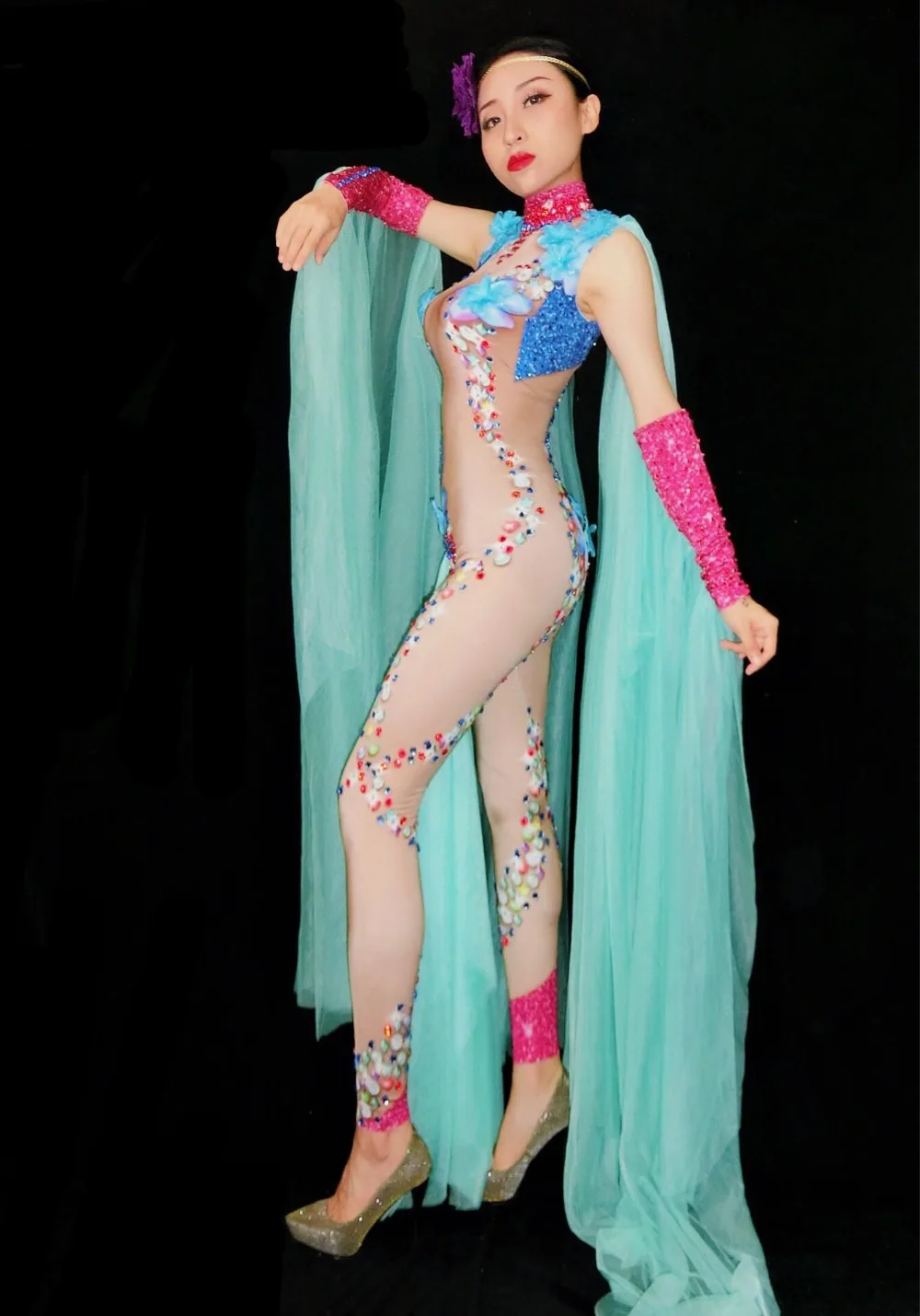 ドラッグクイーンコスチューム リーディングダンス セクシー ステージウェア シャイニー クリスタル ガーゼスリーブ ジャンプスーツ パフォーマンス パーティー レイブ衣装