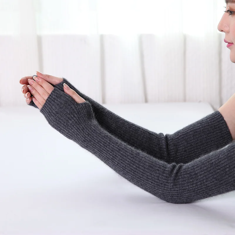 Autumn Winter Women Cashmere Wool Knitted Gloves Warm Soft Black Female Long Fingerless Gloves 40cm 50cm 60cm Arm Warmers Sleeve