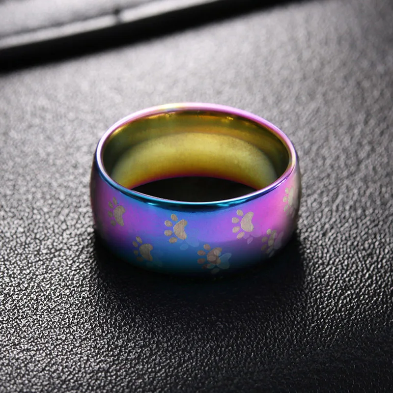 Cute Cat Dog Paw Ring Jewelry Width 8mm Stainless Steel Rainbow Rings for Men and Women Pet Animal Jewelry Lover Gift