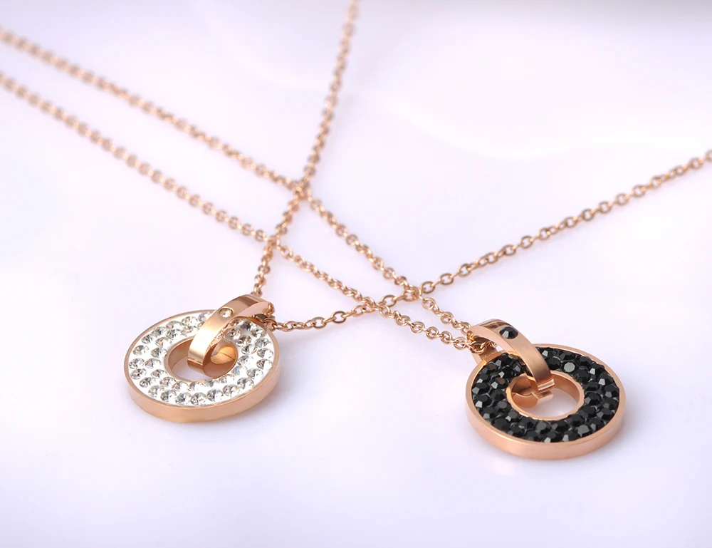 Lokaer Trendy White/Black CZ Rhinestone Necklace Earrings Sets Titanium Steel Rose Gold Color Wedding Jewelry For Women SE020