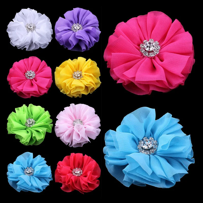 

120pcs/lot 6.5cm 15colors Hair Clips Ruffled Ballerina Chiffon Hair Flower With Rhinestone Button Fabric Flowers For Headbands