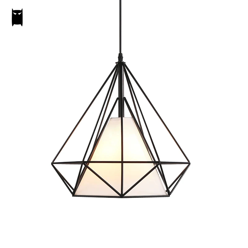 

Black Iron Fabric Birdcage Pendant Lighting Fixture Scandinavian Modern Simple Pyramid Hanging Diamond Lamp Lustre Dining Room