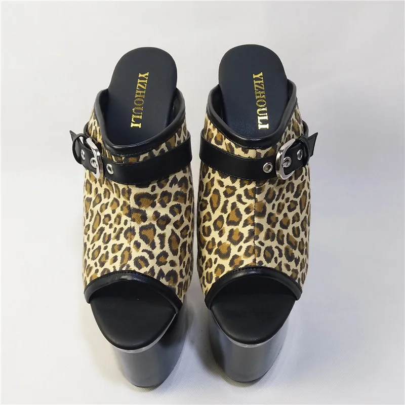 Sexy women super leopard print seductive fashion open toe 18 cm high heel slippers 7 inches fashionable square root slippers