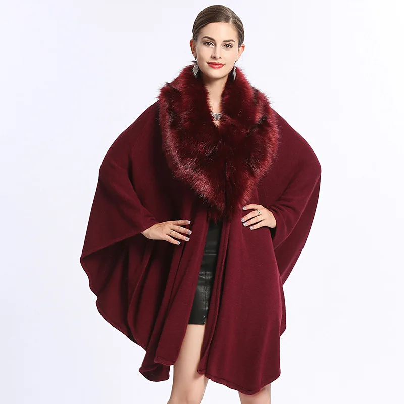 5 Color Solid Knitted Faux Cashmere Shawl Overcoat Women Big Faux Fox Trim Collar Loose Poncho Cape Winter Thick Outer Wear