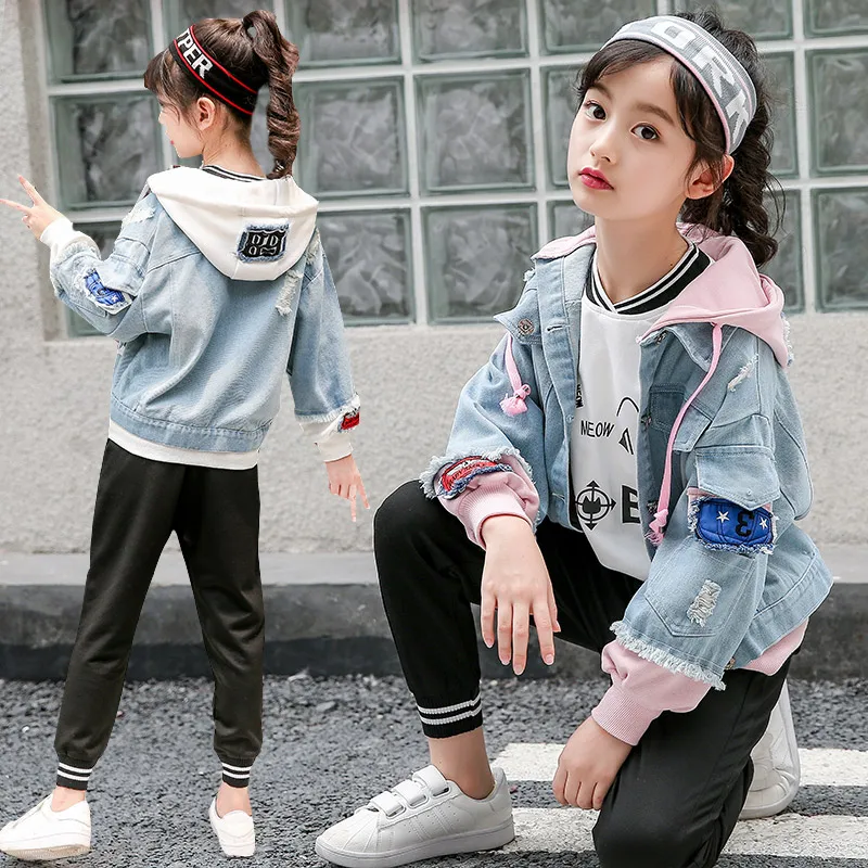 

Girls Trendy Spliced Denim Hooded Jacket Spring Fall Hot Children's Patches Ripped Casual Coat Youth Kids Outerwear Clothes B52