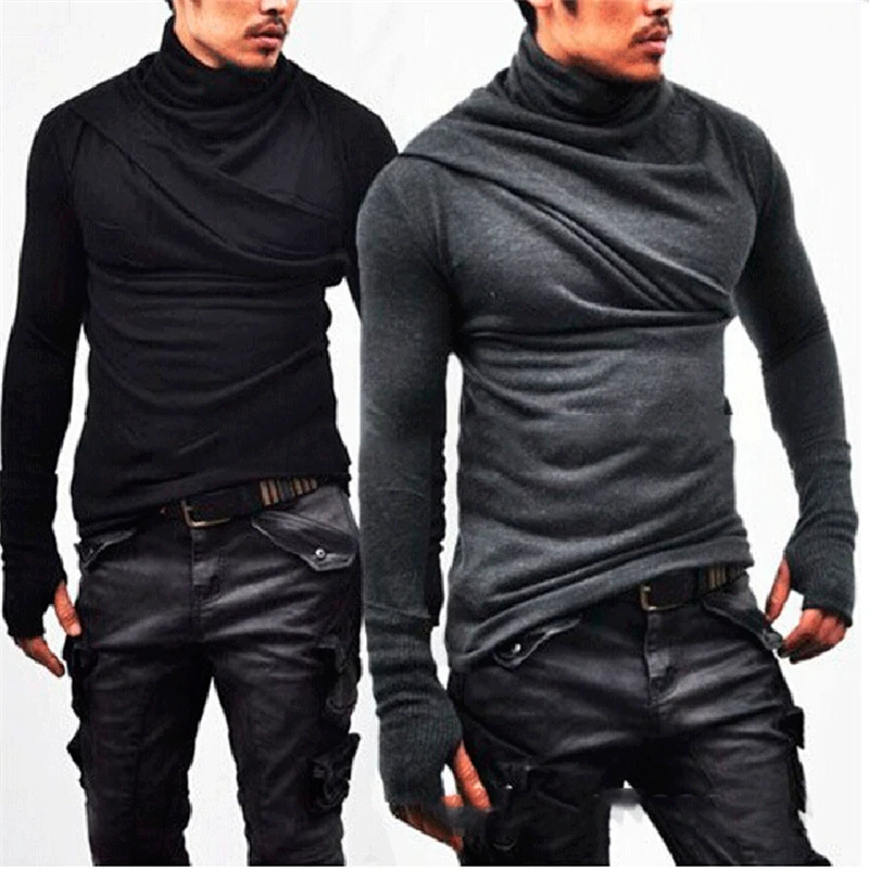 XingDeng men turtleneck mittens long sleeve T-shirt Men fashion casual tee gloves male slim fit punk  costume clothing top coats