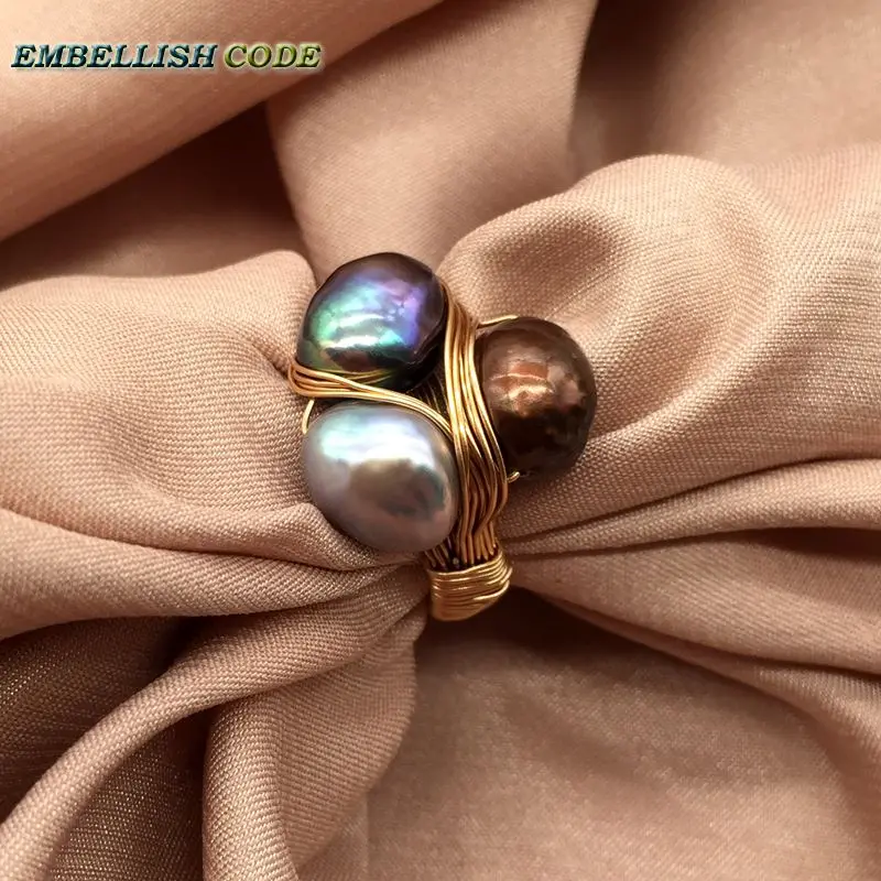 

NEW Design original pieces gold with baroque ring pearls hand make rings peacock brown grey mixed color