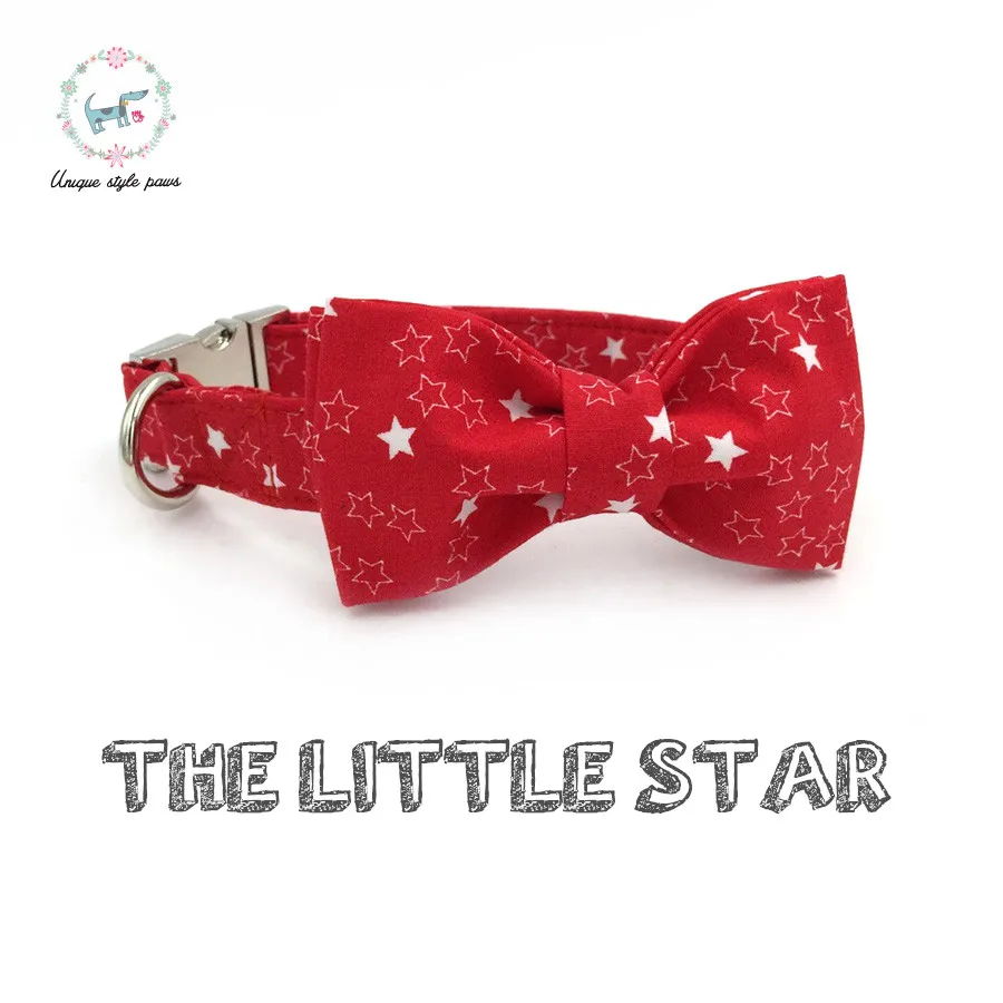 Dog Or Cat Collar And Leash Set With Bow Tie Cotton Dog &Cat Pet Necklace Adjustable Buckle For Pet Christmas Gift Red Star