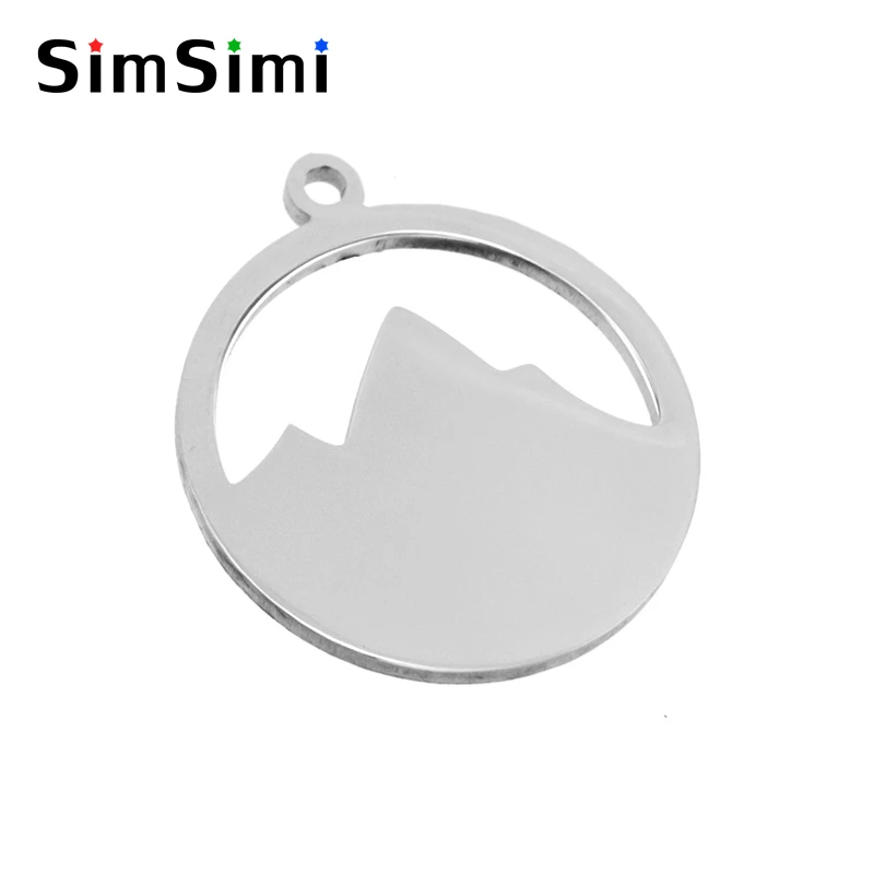 Simsimi Round pendant Mountain charm tags blank for diy print Stainless steel both sides mirror polished wholesale 50pcs