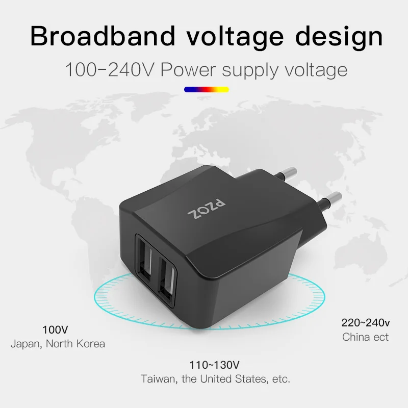 Pzoz-usb carregador para viagens, eu plug, 2a, adaptador de carregamento rápido, carregador portátil de parede dupla, cabo do telefone móvel para