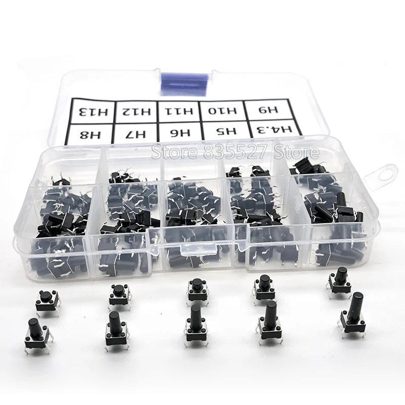 100pcs / 10 models 6*6 Light micro touch Switch sets Push Button Switch Kit , Height: 4.3MM - 13MM DIP 4Pin 6x6 Keys Tact ON/OFF