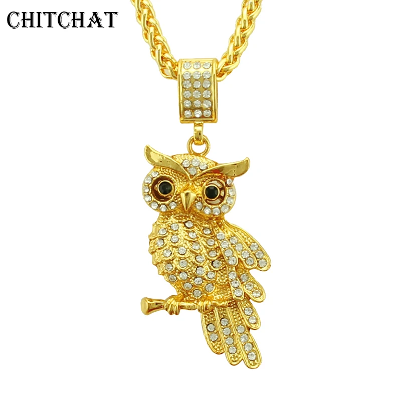 Hip Hop Iced Out Zircon Owl Pendant Animal Necklace  Bling AAA CZ Stone Necklaces 60cm Rope Chain For Man Woman Rocker Gifts