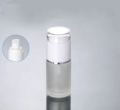 

empty 30ml frosted glass with white press pump bottle, 30ml Cosmetic Packaging glass lotion bottle with white lids