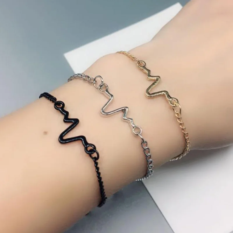 Simple Personality Bileklik Ecg Figure Lightning Fine Charm Bracelets Couple Heartbeat Frequency Bracelets Pulseras Mujer