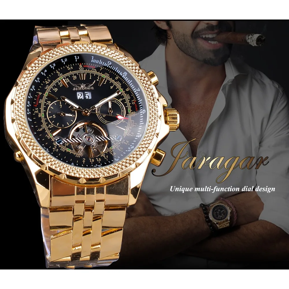 Jaragar Mens Watch Mechanical Golden Black Tourbillon Date Business Fashion Steel Band Sport Watches Automatic Self-Wind Relogio